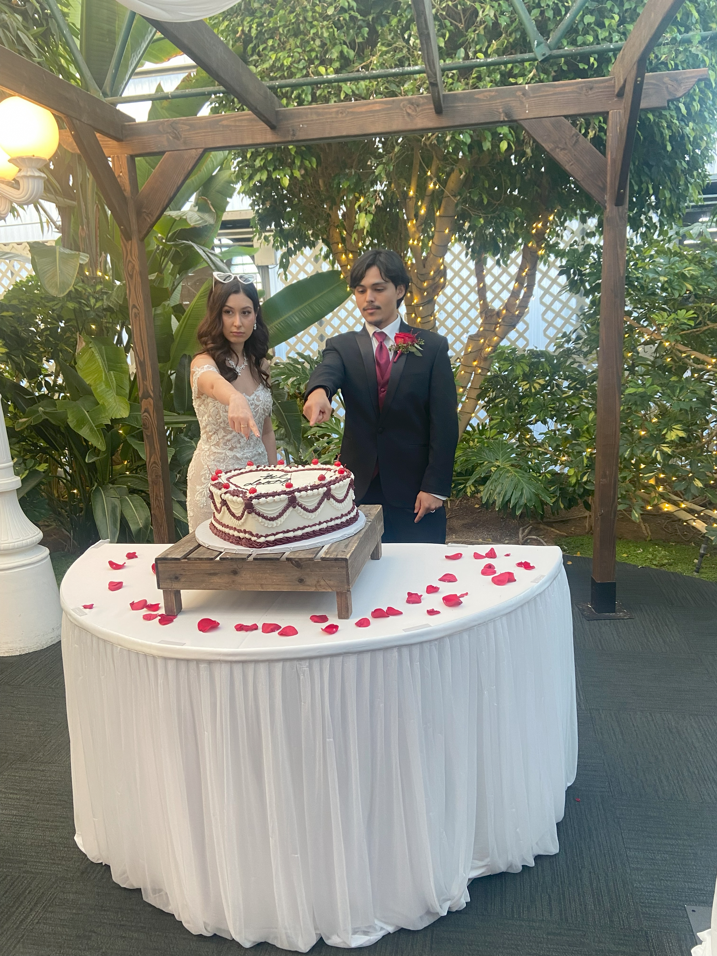 The Mr and Mrs pointing at their cake